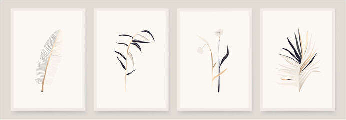 Modern hand drawn abstract plant art design illustrations. Trendy minimal floral print set.
White, pastel, beige, gold colors. - obrazy, fototapety, plakaty