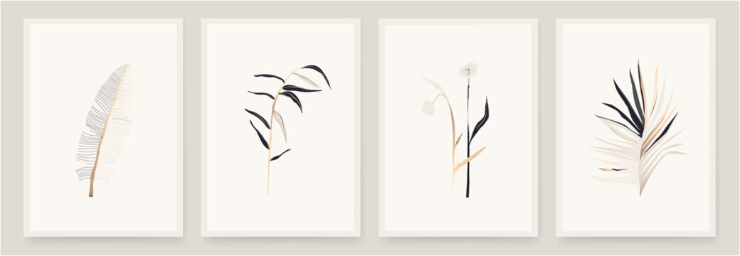 Modern hand drawn abstract plant art design illustrations. Trendy minimal floral print set.
White, pastel, beige, gold colors.