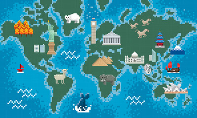 A world map with various landmarks. Vector. Image show in mosaic effect.