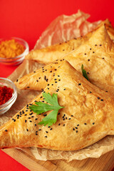 Concept of tasty food with samsa on red background