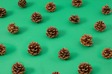 Vintage Christmas pattern creative concept of glitter pinecone on pastel green background. New year is coming.