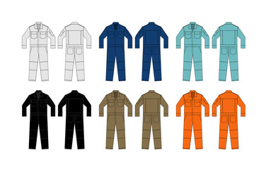 Long sleeves working overalls ( Jumpsuit, Boilersuit ) template vector illustration set - obrazy, fototapety, plakaty