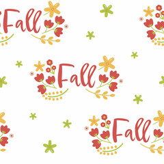 Vector Cheerful Fall Folklore Florals in Yellow Red and Green seamless pattern background design. Perfect for scrapbooking, fabrics and web design projects.