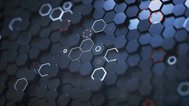 Honeycomb glowing pattern. Abstract futuristic technology design. Seamless loop 3D render animation with depth of field