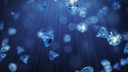 Rain of blue sapphires in light rays 3D render