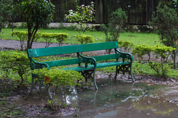 green bench in the garden