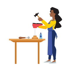 Shoemaker or cobbler in footwear workshop, flat vector illustration isolated.