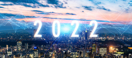 2022年イメージ　ビジネス向け年賀状素材　都市とネットワーク