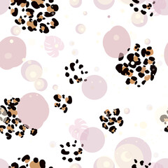 Leopard pattern and tropical leaves. Baby shower, birthday, t-shirt. Fabric design seamless pattern