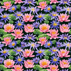 Fototapeta na wymiar Lotus flowers. Botanical pattern. Hand drawn watercolor seamless pattern. Lotuses wallpaper, digital paper