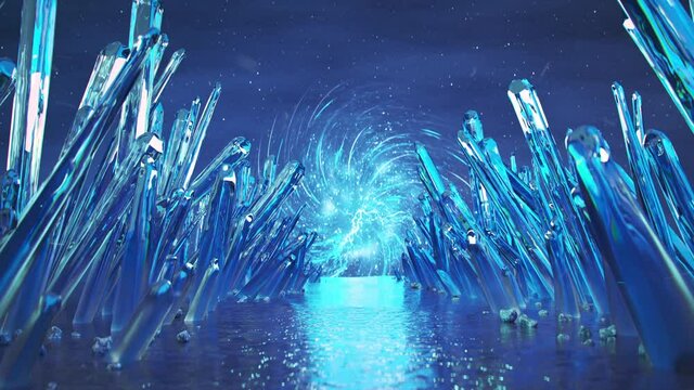 Walkway of blue crystal minerals. Fututistic sci-fi alien planet. Seamless loop 3D render animation