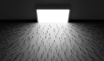 People watch big white screen, display.