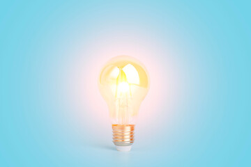 Knowledge and idea concept. Light bulb with light on a blank blue background. Brain, wisdom, knowledge and energy conservation is a creative idea.