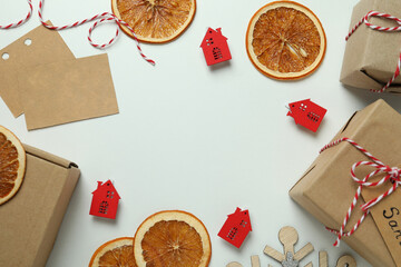 Secret Santa and Christmas composition on white background