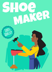 Shoe maker woman vector illustration. Woman wearing apron making shoes with hammer.