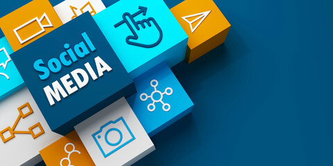 Wide perspective view of 3D render of SOCIAL MEDIA business concept with symbols on colorful cubes on dark blue background