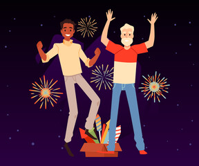 Fototapeta na wymiar Happy young and old men rejoice at fireworks flat vector illustration isolated.