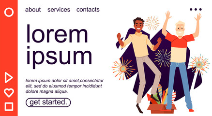 Website banner with happy men rejoice at fireworks, flat vector illustration.
