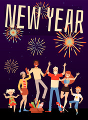 New year banner with family rejoicing fireworks, flat vector illustration.