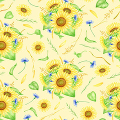 Fototapeta na wymiar Watercolor flowers seamless pattern. Hand painted sunflower bouquets with cornflowers, greenery and wheat spikelets. Floral repeated illustration on pastel yellow background for wrapping, fabrics