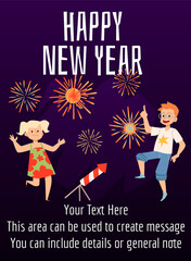 New year banner with children rejoice fireworks flat vector illustration.
