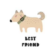 best friend. cartoon dog, hand drawing lettering . Colorful flat vector illustration for children. baby design for prints, posters, cards