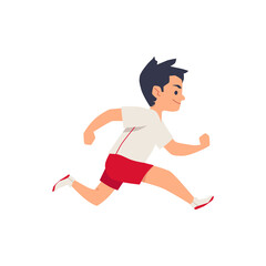 Child boy in sportswear running fast, flat cartoon vector illustration isolated.