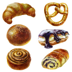Watercolor illustration, bun set. Rich pastries. Sesame seed bun. Poppy seed bun. Cinnamon bun. Sesame pretzel. Eclair and croissant.