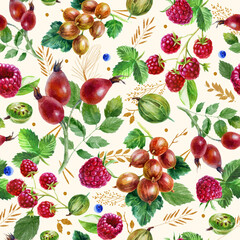 Watercolor illustration, pattern. Berries on beige background. Raspberries, raspberries on a twig, pink spots.