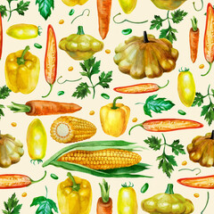 Watercolor illustration. Pattern from vegetables on a beige background. Corn, garlic, pepper, eggplant, herbs, broccoli, tomato, peas, parsley, onion.