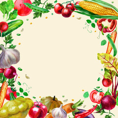 Watercolor illustration. Vegetable frame. Framing from vegetables on a beige background.