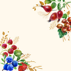 Watercolor illustration. Summer frame made of berries and leaves. Raspberries, currants, gooseberries, strawberries, barberries, blueberries, rose hips.