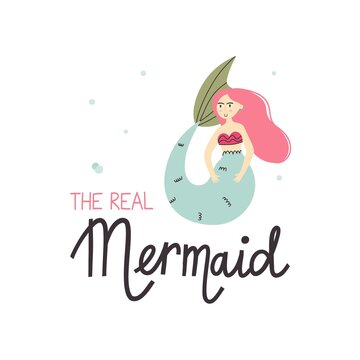 Cartoon mermaid. Cute little underwater character, princess with fish tail, adorable ocean fantasy creature, kids fairy tale girl, t-shirt print or poster with lettering, vector isolated illustration