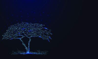 Blue cyber polygon tree with futuristic element, concept of network connection technology or big data, business vector