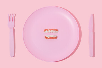 Creative layout with pastel pink plate, fork,knife and false or fake teeth on pastel pink background.Minimal surreal breakfast idea or food restaurant concept.  80s 90 aesthetic fashion dentist idea.