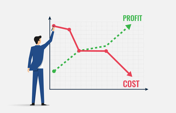 Business concept with businessman drawing graphs cost vs profit vector illustration