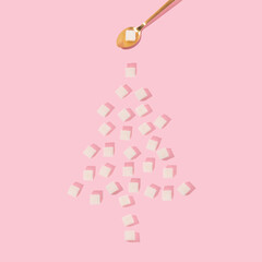 Christmas creative layout with sugar cubes forming Christmas tree and golden teaspoon on pastel...