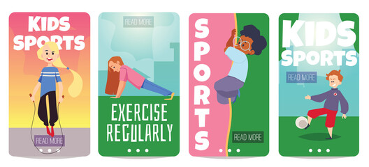 Set of banners on kids sport and physical education, flat vector illustration.