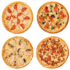 Set of different pizzas collage isolated on white background