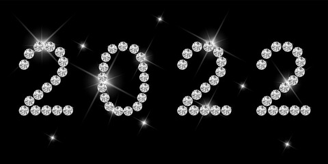 Vector. Gold numbers with diamonds, precious stones on a black background. Luxury elegant Christmas 2022 greeting card, banner, party invitation for jewelry stores, beauty salons, for women.
