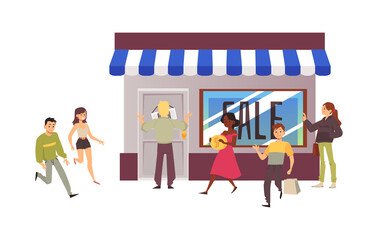Shopping concept with people on sale, flat vector illustration isolated.