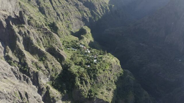 Aerial view of a small village on the mountain top near Takamaka, Saint Benoit, Reunion.
