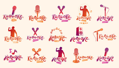 Karaoke party or club logos and emblems vector set isolated, singing music nightlife entertainment weekend theme, microphones and musical notes compositions.