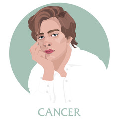 Illustration of Cancer astrological sign as a handsome guy. Zodiac vector illustration isolated on white. Future telling, horoscope, alchemy, spirituality, occultism, fashion.