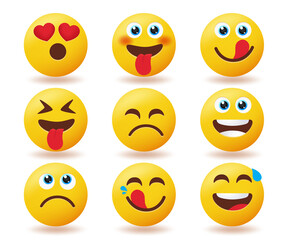 Smileys emoticon vector set. Emojis smiley icon in happy, funny and yummy face expressions isolated in white background for emoji yellow faces character collection design. Vector illustration.
