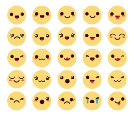Smileys chibi characters vector set. Emoticon kawaii emojis collection in yellow faces with friendly and cute reactions for emoticon chibis collection design. Vector illustration.
