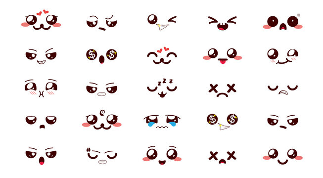 Emoji kawaii emoticon vector set. Chibi smileys character in cute faces reaction collection of happy, smiling, sad and angry for chibis kawaii cartoon doodle design. Vector illustration.
