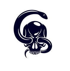 Skull with snake devil evil sign, vintage vector design of classic style crest, coat of arms, death and rebirth concept tattoo,