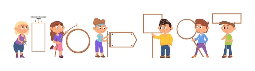 Kids hold empty banner. Child holding card, direction sign placards. Little children woth blank board. Cartoon student with billboard decent vector set