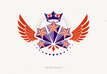 Obraz premium Winged ancient Star emblem decorated with imperial crown. Heraldic vector design element, 5 stars award symbol. Retro style label, heraldry logo.